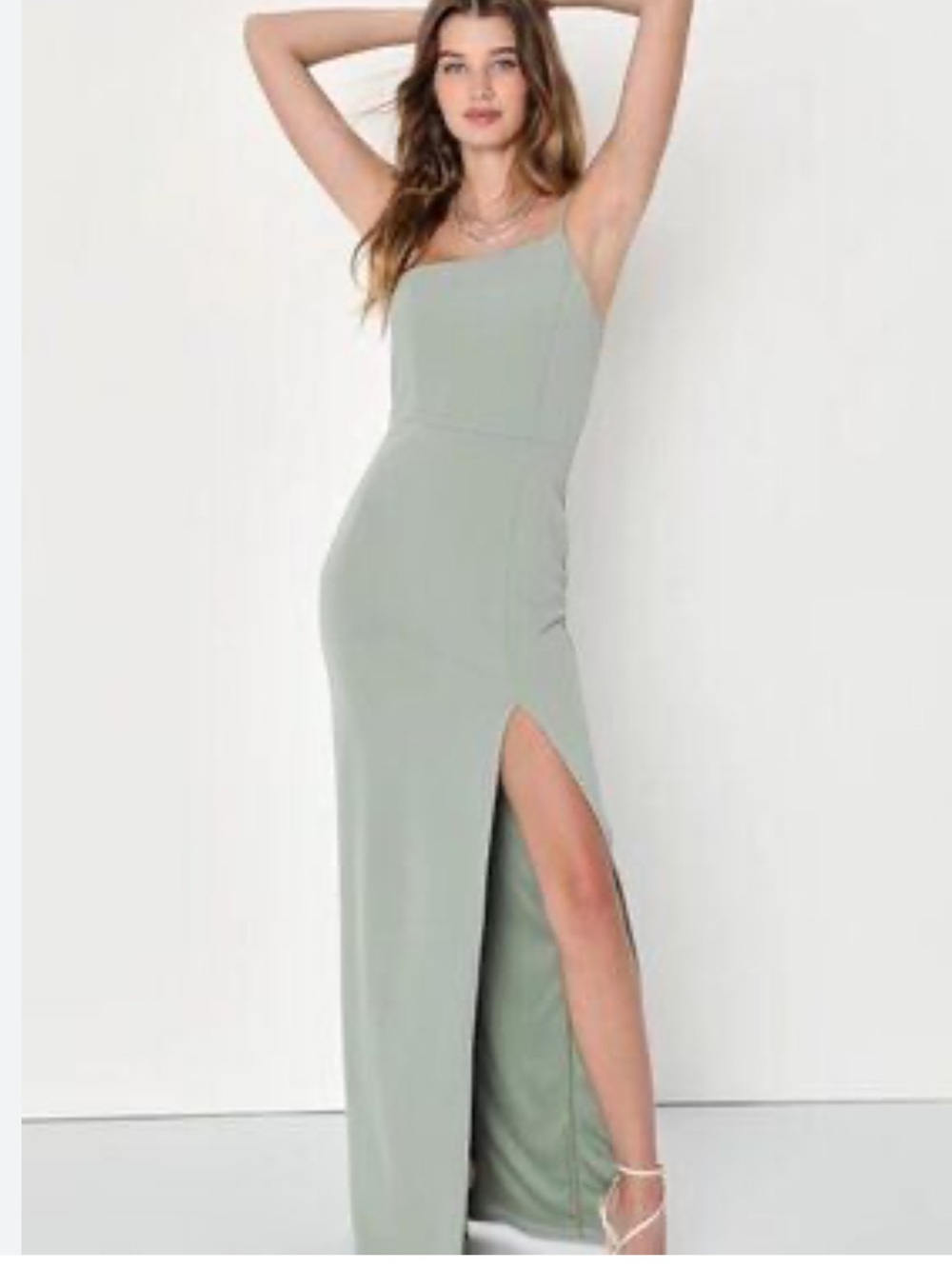 Lulu's Sage Green One-Shoulder High Slit Maxi Dress size L